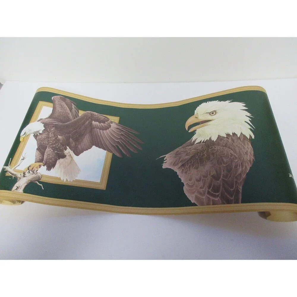 Genuine Flying Eagle on Branch Wallpaper Border Vintage Green Brown&White